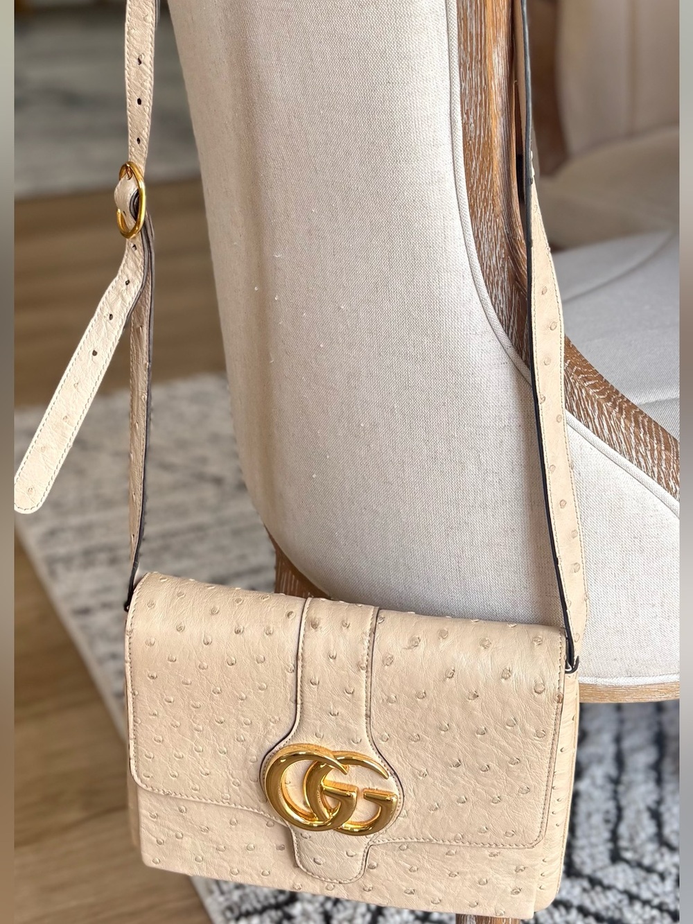 Gucci Ivory Ostrich-Embossed GG Shoulder Bag with Gold Hardware - Picture 14 of 16